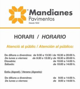 Pavimentos Mandianes Parquets y Puertas Barcelona desde 1932 - Horario y Vacaciones Verano 2023